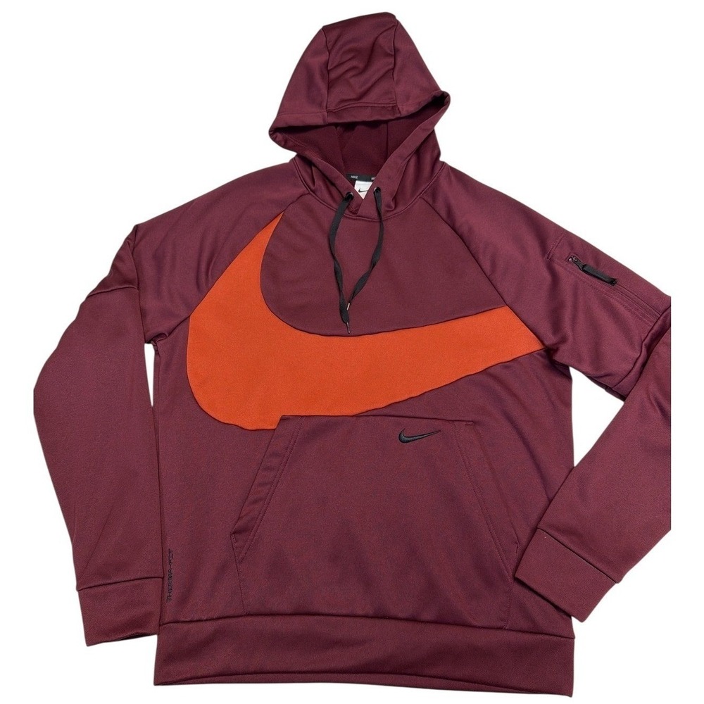 Nike Therma-FIT Hoodie Mens Medium Burgundy Big Swoosh Pullover Fleece